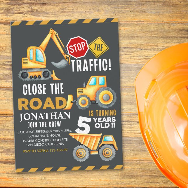 Construction Party for 5th Birthday Boy Inbjudningar (Skapare uppladdad)