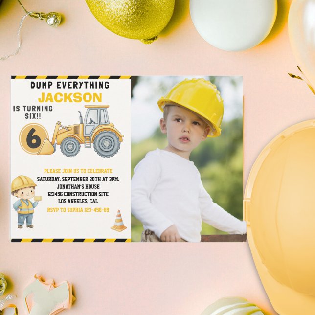 Construction Photo Birthday Turning 6 yellow Inbjudningar (Skapare uppladdad)