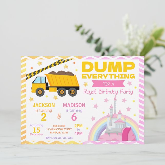 Construction & Princess Joint Birthday Invitation Inbjudningar (Stående Fram)