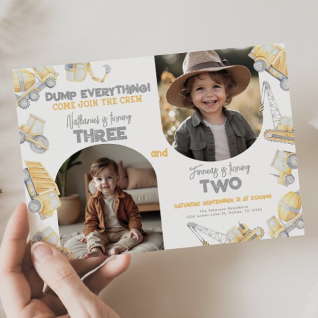 Construction Sibling Twin Brother Birthday Party Inbjudningar (Skapare uppladdad)