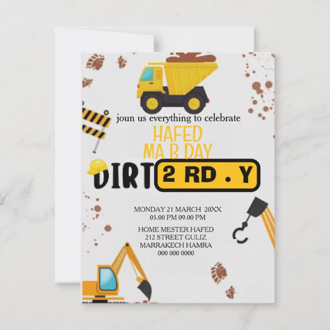 Construction Theme 3rd Birthday Invitation Dirty 3 Inbjudningar (Framsida)