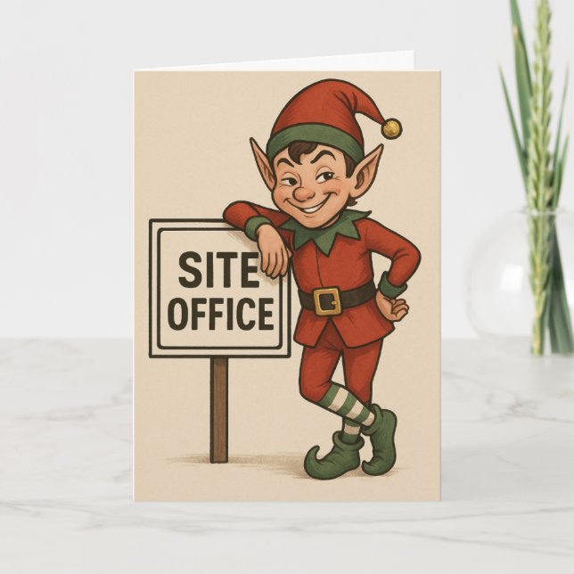 Construction theme Christmas card Elf leaning  Kort (Framsida)