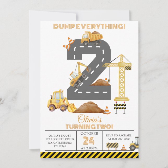 Construction Truck 2nd Birthday Invitation Inbjudningar (Framsida)