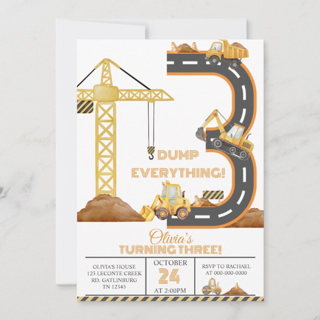 Construction Truck 3rd Birthday Invitation Inbjudningar (Framsida)
