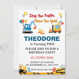 Construction Truck Vehicles Boys 2nd Birthday Inbjudningar