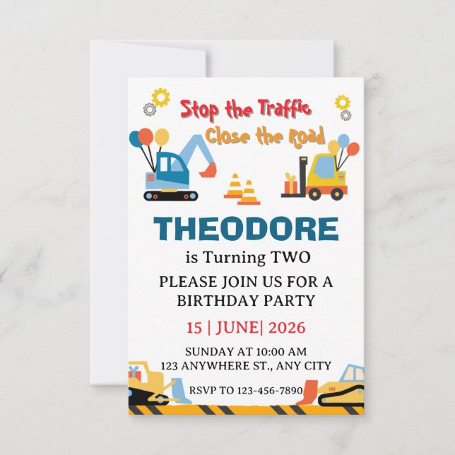 Construction Truck Vehicles Boys 2nd Birthday Tack Kort (Framsida)