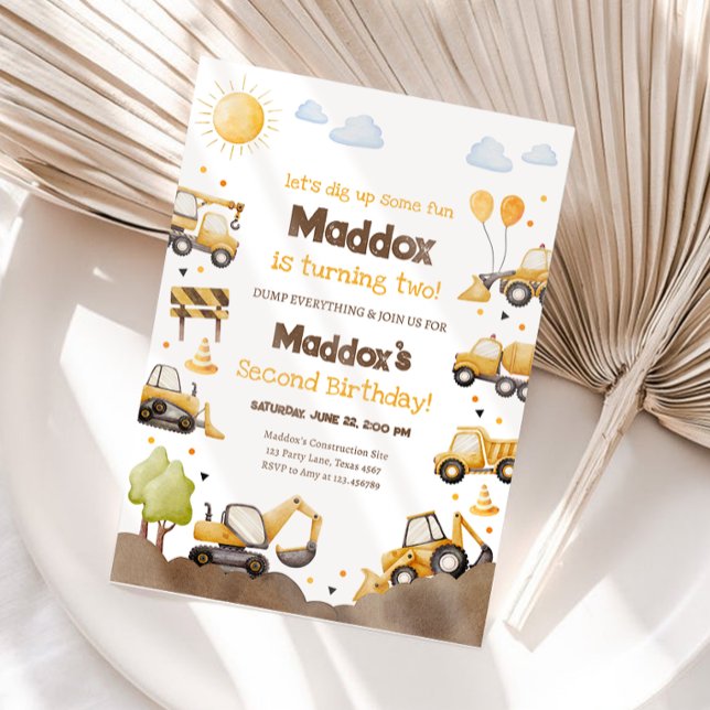 Construction Trucks Boy 2nd Second Birthday Inbjudningar (Skapare uppladdad)