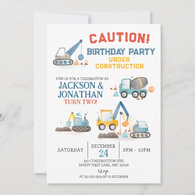 Construction Trucks, Twin Boys Birthday Party Inbjudningar (Framsida)