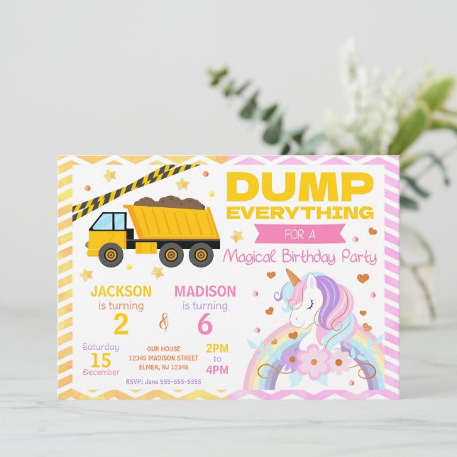 Construction & Unicorn Joint Birthday Invitation Inbjudningar (Stående Fram)