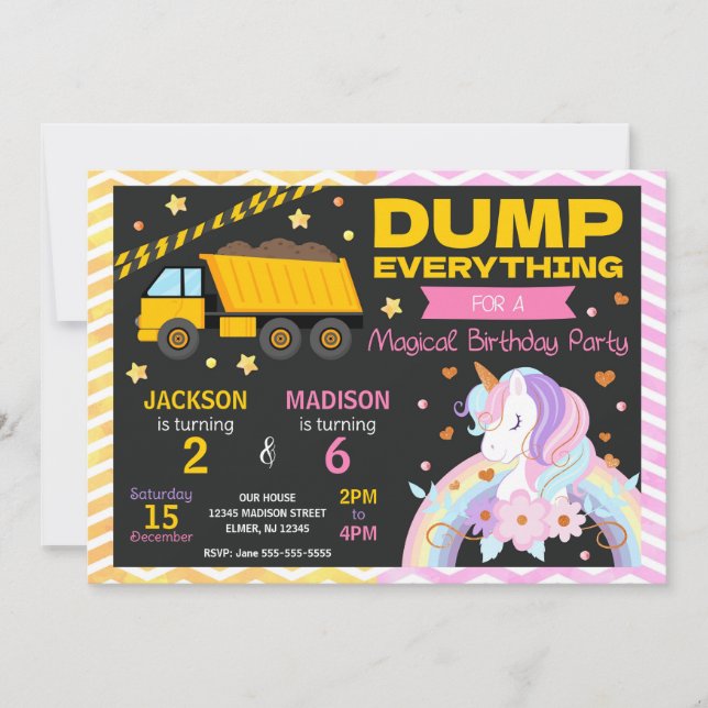 Construction & Unicorn Joint Birthday Invitation Inbjudningar (Framsida)