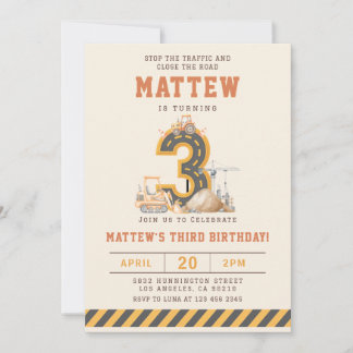 Construction Vehicles 3rd Birthday Invitation Inbjudningar