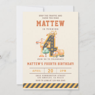 Construction Vehicles 4th Birthday Invitation Inbjudningar