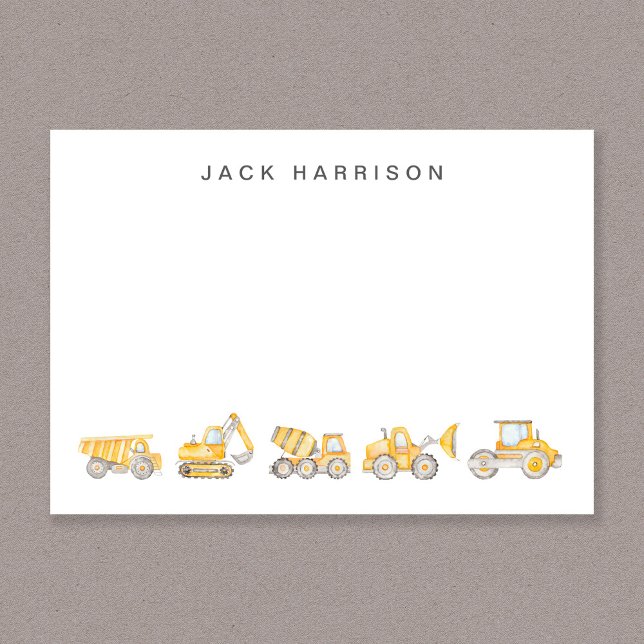 Construction Vehicles Watercolor Boys Monogrammed Anteckningskort (Construction Vehicles Watercolor Boys Monogrammed Note Card)