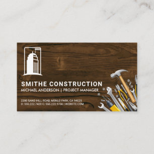 Construction Verktyg   Logotyp av trä och Byggnad Visitkort