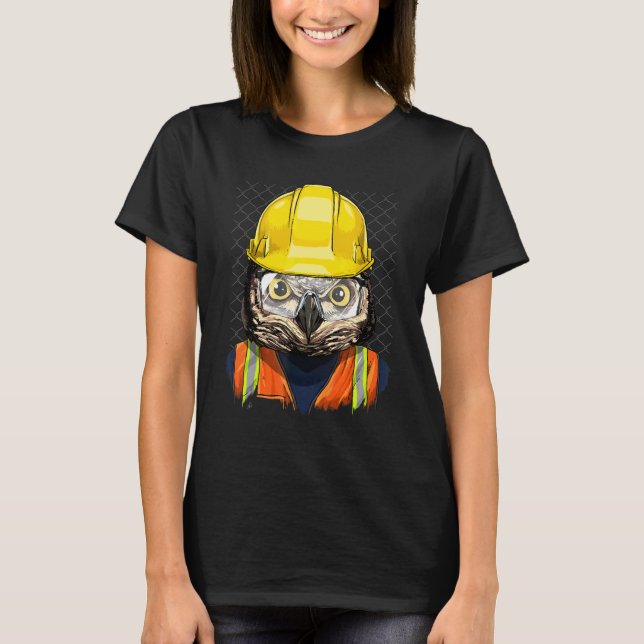 Construction Worker Owl Laborer Animal Bird Owner  T Shirt (Framsida)