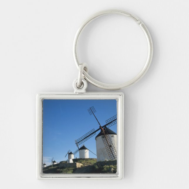 Consuegra, La Mancha, Spanien, vindkraftverk 2 Fyrkantig Silverfärgad Nyckelring (Framsidan)