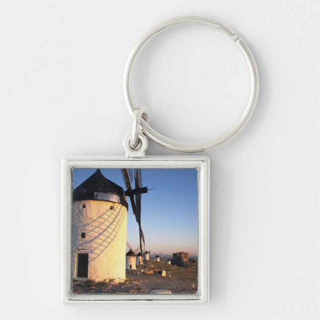 Consuegra, La Mancha, Spanien, vindkraftverk Fyrkantig Silverfärgad Nyckelring (Framsidan)