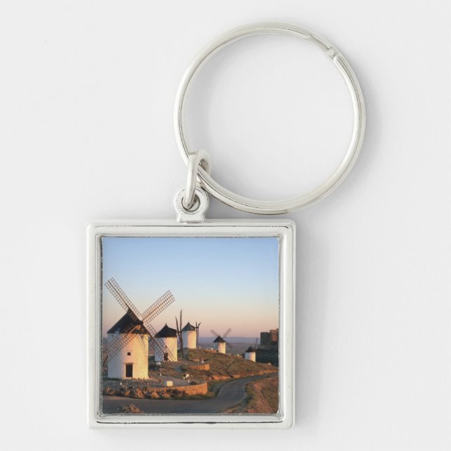 Consuegra, La Mancha, Spanien, vindkraftverk Fyrkantig Silverfärgad Nyckelring (Framsidan)