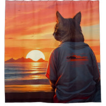 "Contemplative Cat Sunset: Whimsical Beach Art"