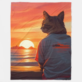 "Contemplative Cat Sunset: Whimsical Beach Art" Fleecefilt