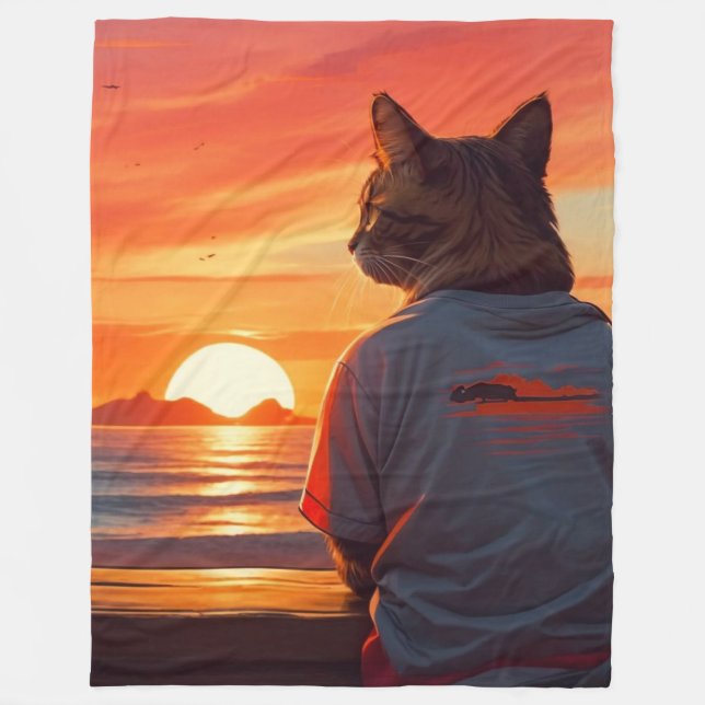 "Contemplative Cat Sunset: Whimsical Beach Art" Fleecefilt (Framsidan)