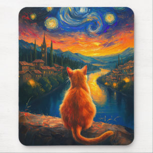 Contemplative Ginger Cat Starry Night Himmel Art Musmatta