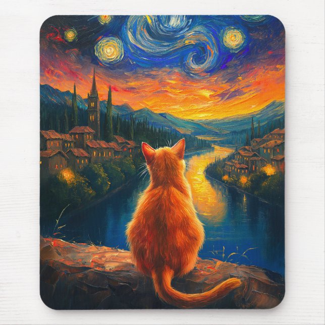 Contemplative Ginger Cat | Starry Night Himmel Art Musmatta (Framsidan)