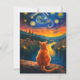 Contemplative Ginger Cat | Starry Night Himmel Art Vykort