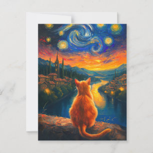 Contemplative Ginger Cat Starry Night Himmel Art Vykort
