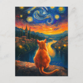 Contemplative Ginger Cat | Starry Night Himmel Art Vykort