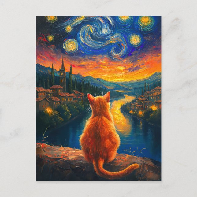 Contemplative Ginger Cat | Starry Night Himmel Art Vykort (Framsida)