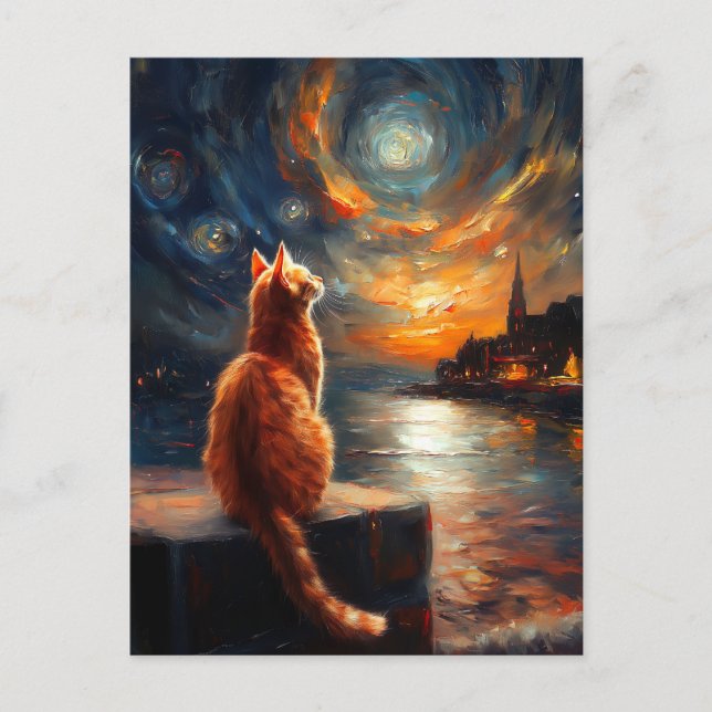 Contemplative Ginger Cat | Starry Night Himmel Vykort (Framsida)
