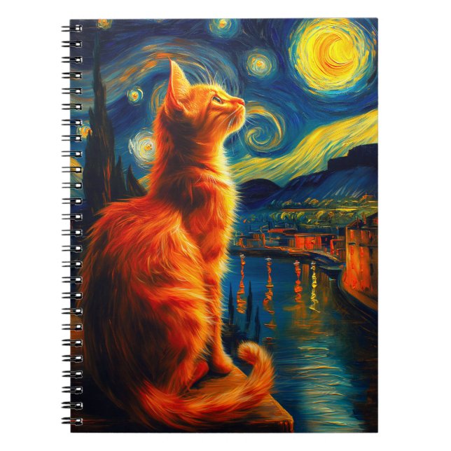 Contemplative Ginger Cat | Starry Night Sky Anteckningsbok (Framsidan)