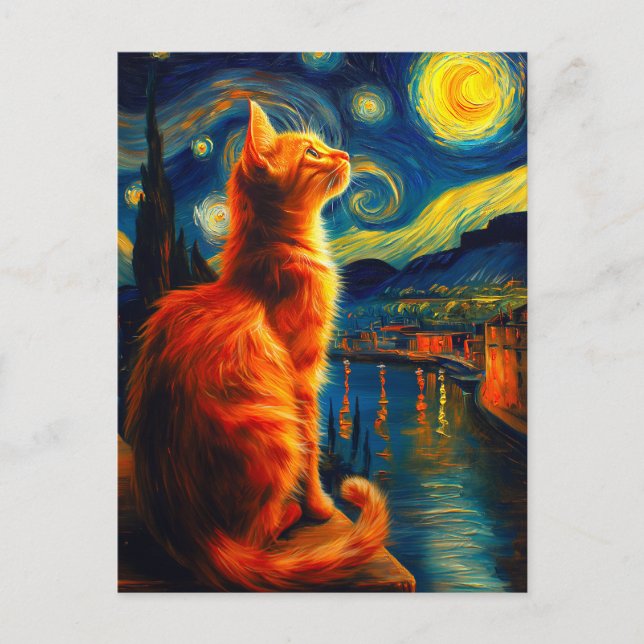 Contemplative Ginger Cat | Starry Night Sky Helg Vykort (Framsida)