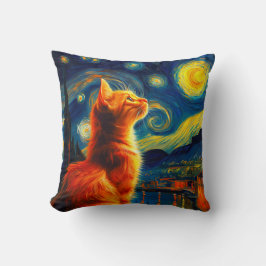 Contemplative Ginger Cat | Starry Night Sky Kudde