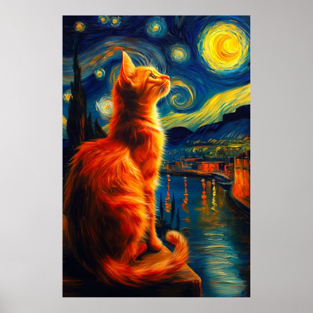 Contemplative Ginger Cat | Starry Night Sky Poster (Framsidan)