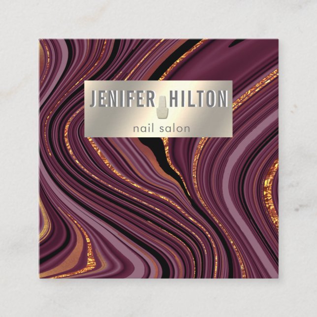 Contemporary agate geode burgundy guld spiksalon fyrkantigt visitkort (Framsida)