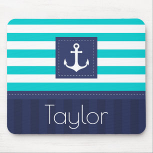 Contemporary Aqua Navy Blue Anchor Personlig Musmatta