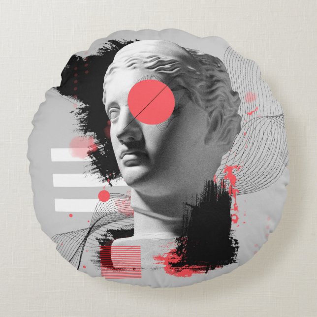 Contemporary art collage with antique statue head  rund kudde (Framsidan)
