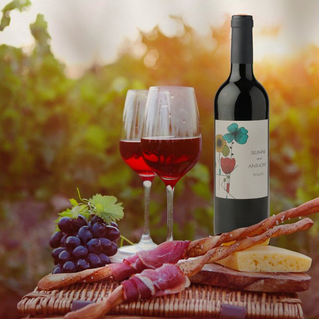 Contemporary Art Noveau Blommigt Bröllop Vinflaska Etikett (Skapare uppladdad)