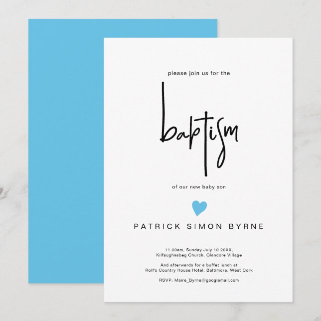 Contemporary Baptism Tiny Blue Heart Pojke Inbjudningar (Fram/baksida)