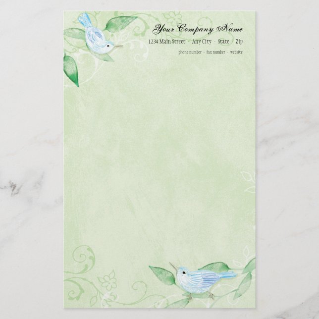Contemporary Birds n Swirls Grönt Stationery Brevpapper (Framsida)