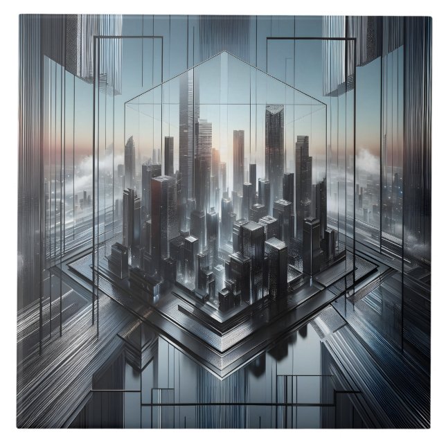 Contemporary Black Grått Metallic Futuristiska Cit Kakelplatta (Framsidan)