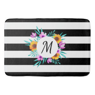 Contemporary Black Rand Blommigt Monogram Badrumsmatta