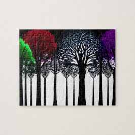 Contemporary Black Silhouette Forest med Färg Pussel