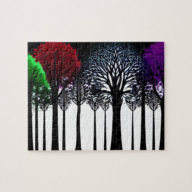 Contemporary Black Silhouette Forest med Färg Pussel (Horisontell)