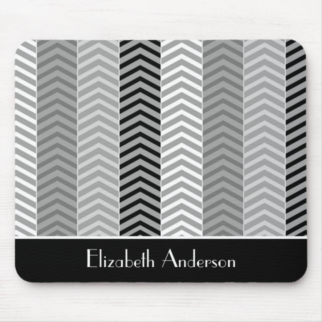 Contemporary Black White Chevron Rand och Namn Musmatta (Framsidan)