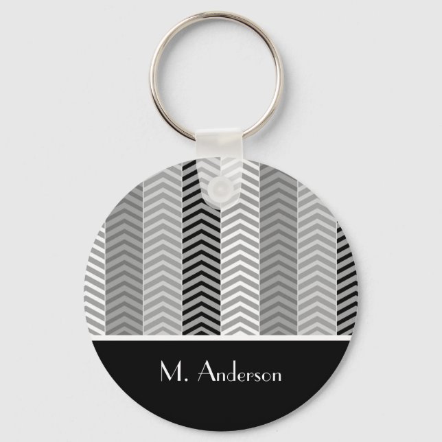 Contemporary Black White Chevron Rand och Namn Nyckelring (Framsida)