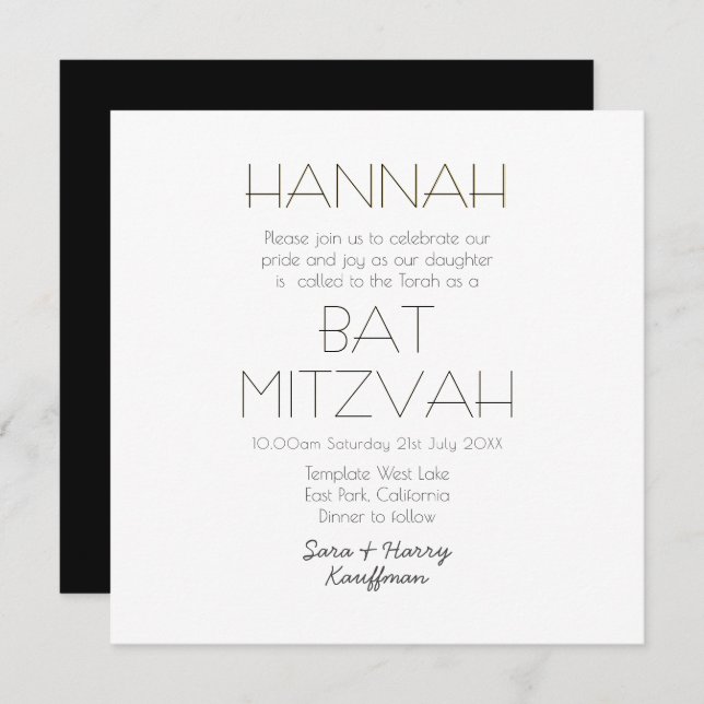 Contemporary Black White Guld BAT MITZVAH Classic Inbjudningar (Fram/baksida)