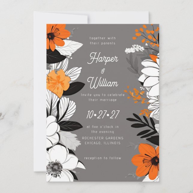 Contemporary blommor, svart, vit, orange bröllop inbjudningar (Framsida)